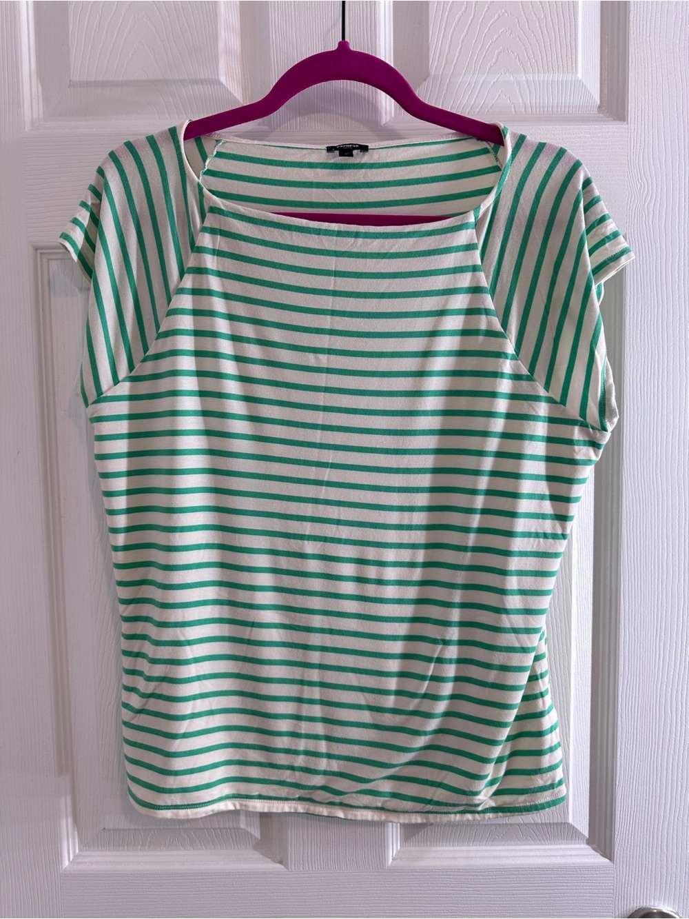Express Green and Ivory Striped Boatneck Short Sleeve Top